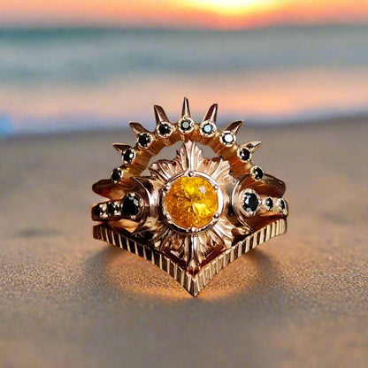 Yellow Crystal Triple Moon Wicca Ring Pagan Jewelry-MoonChildWorld