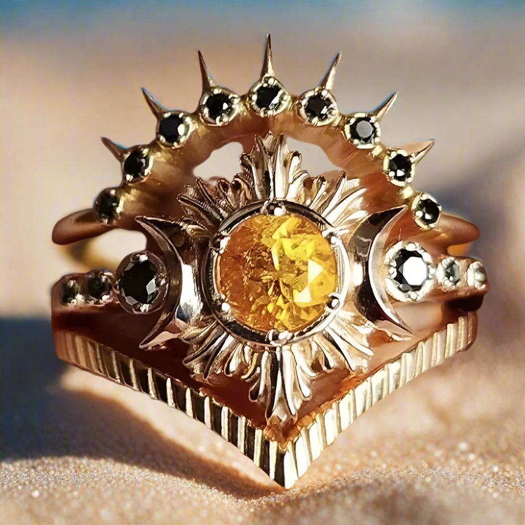 Yellow Crystal Triple Moon Wicca Ring Pagan Jewelry-MoonChildWorld