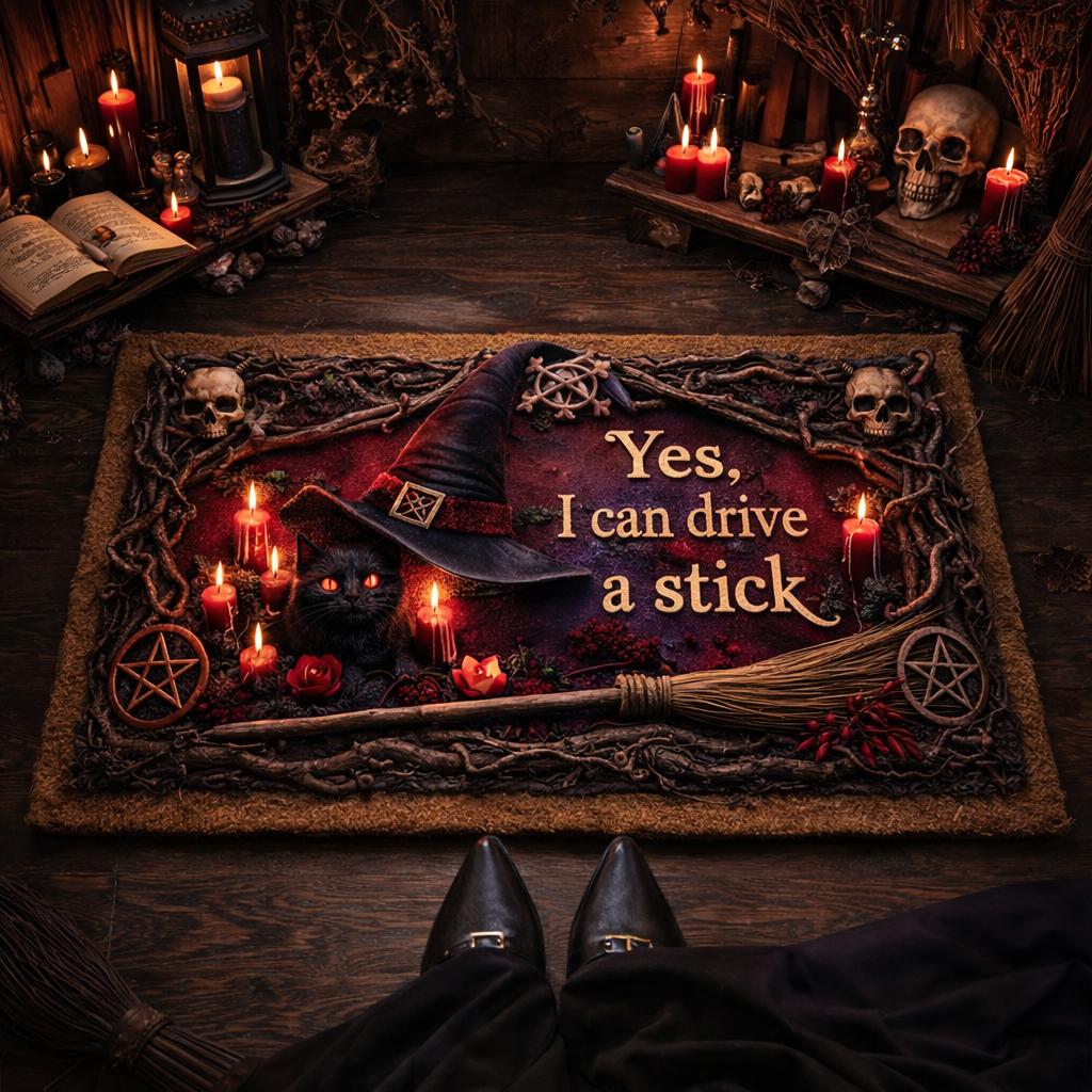 Witchy doormat with a black cat in a witch hat, skulls, candles, and "Yes, I can drive a stick" text.