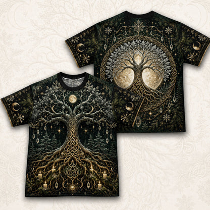 Yggdrasil Tree Of Life T-Shirt Evergreen Candle Norse Yule Tee front and back together