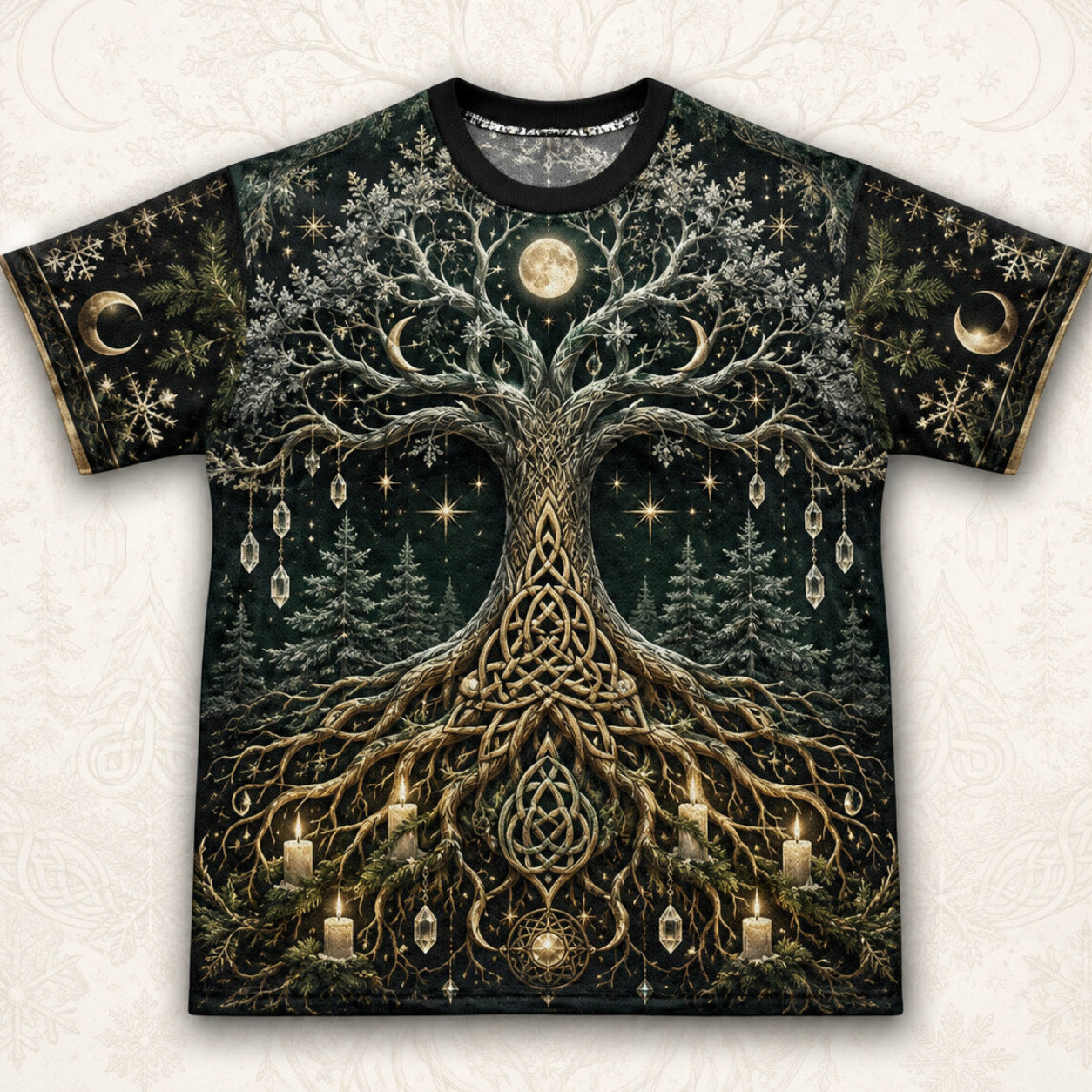 Yggdrasil Tree Of Life T-Shirt Evergreen Candle Norse Yule Tee front view