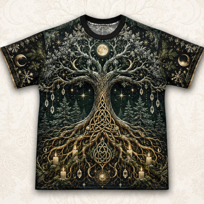 Yggdrasil Tree Of Life T-Shirt Evergreen Candle Norse Yule Tee front view