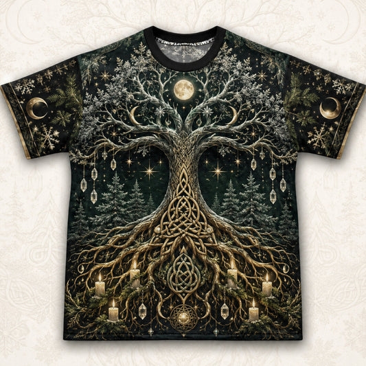 Yggdrasil Tree Of Life T-Shirt Evergreen Candle Norse Yule Tee front view