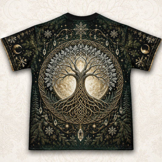 Yggdrasil Tree Of Life T-Shirt Evergreen Candle Norse Yule Tee back view
