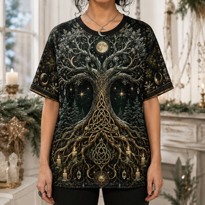 Yggdrasil Tree Of Life T-Shirt Evergreen Candle Norse Yule Tee worn, front view