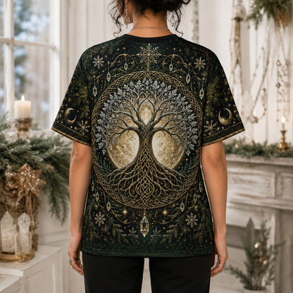 Yggdrasil Tree Of Life T-Shirt Evergreen Candle Norse Yule Tee worn, back view