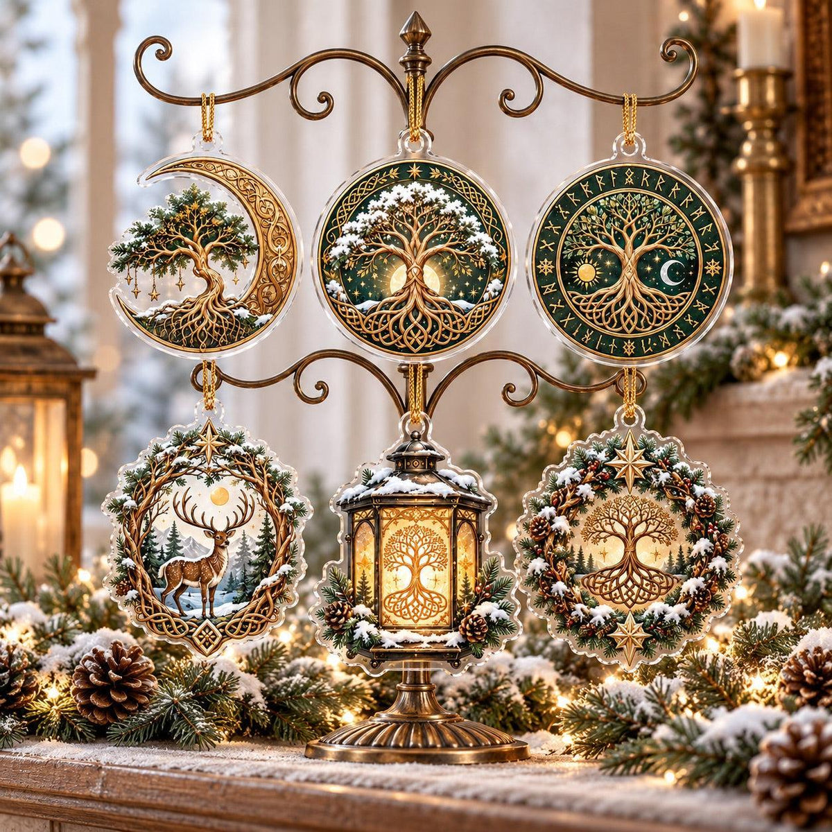Yggdrasil Tree of Life Norse Acrylic Ornament Set – Pagan Yule Decor – set of 6, another view