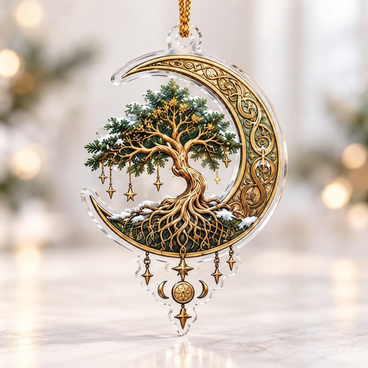 Yggdrasil Tree of Life Norse Acrylic Ornament Set – Pagan Yule Decor – Crescent Moon Tree ornament