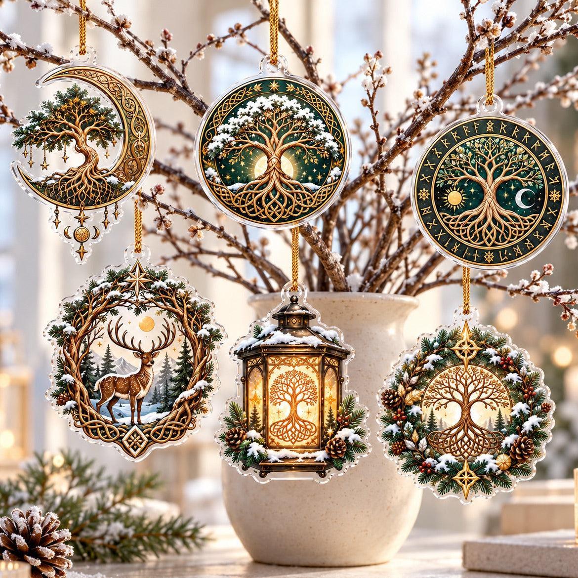 Yggdrasil Tree of Life Norse Acrylic Ornament Set – Pagan Yule Decor – set of 6, another view