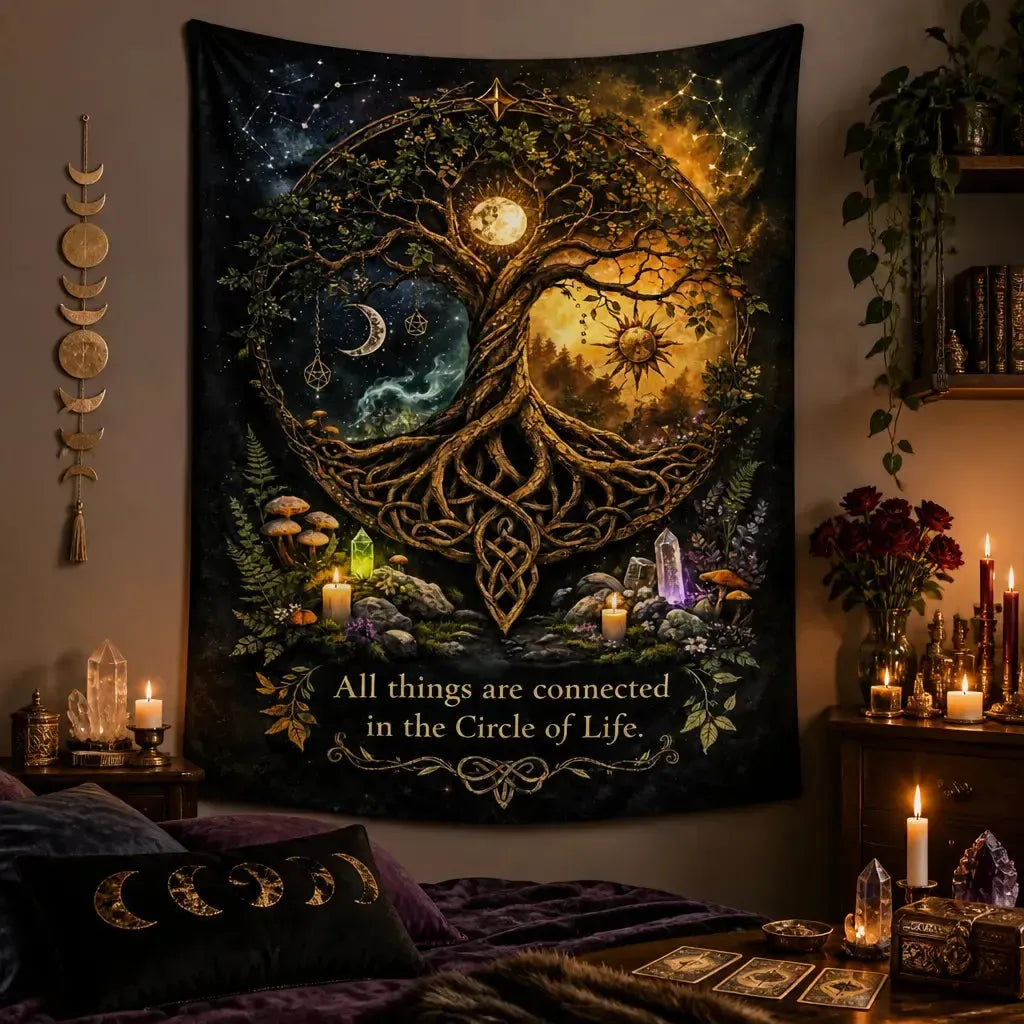 Pagan Celtic Tree of Life Tapestry with Sun & Moon - Wiccan Altar Wall Hanging_mockup_1.webp