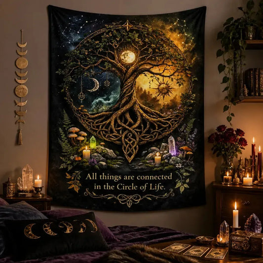 Pagan Celtic Tree of Life Tapestry with Sun & Moon - Wiccan Altar Wall Hanging_mockup_1.webp