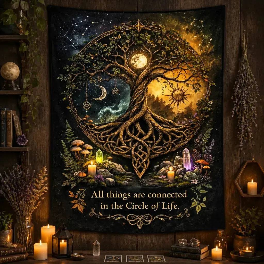 Pagan Celtic Tree of Life Tapestry with Sun & Moon - Wiccan Altar Wall Hanging_mockup_2.webp