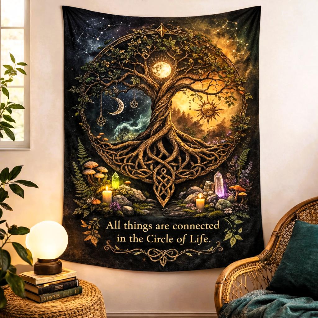 Pagan Celtic Tree of Life tapestry with sun, moon, stars, crystals, and "All things are connected" quote.