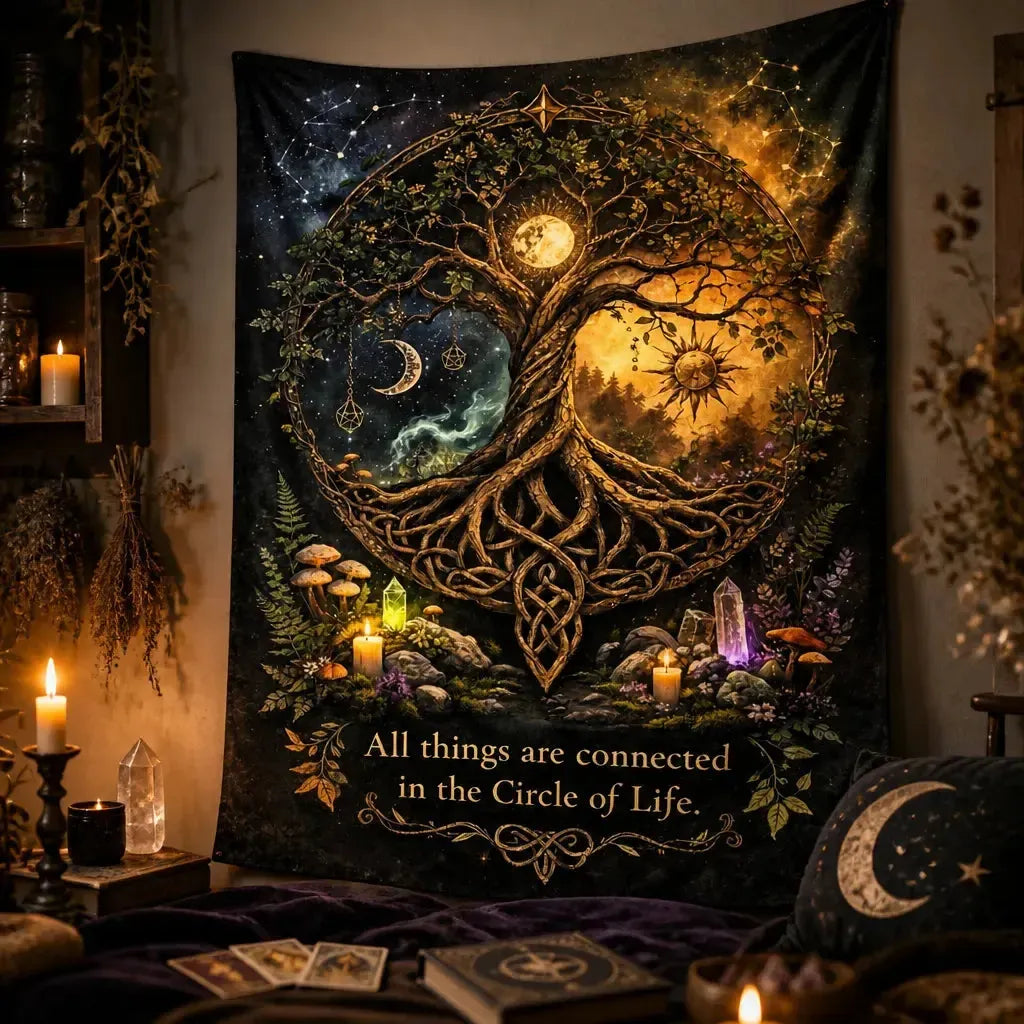 Pagan Celtic Tree of Life Tapestry with Sun & Moon - Wiccan Altar Wall Hanging_mockup_3.webp