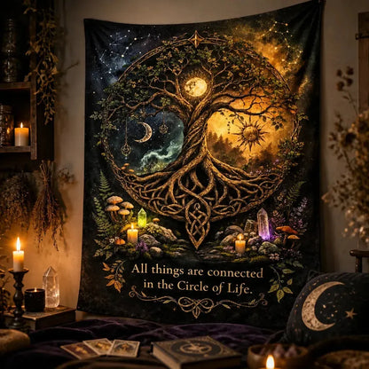 Pagan Celtic Tree of Life Tapestry with Sun & Moon - Wiccan Altar Wall Hanging_mockup_3.webp
