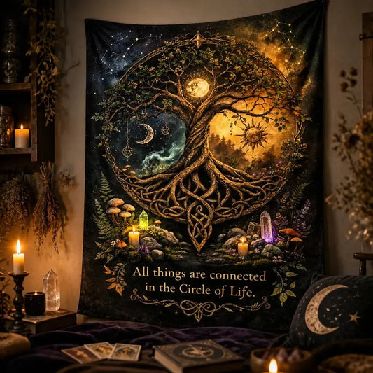 Pagan Celtic Tree of Life Tapestry with Sun & Moon - Wiccan Altar Wall Hanging_mockup_3.webp