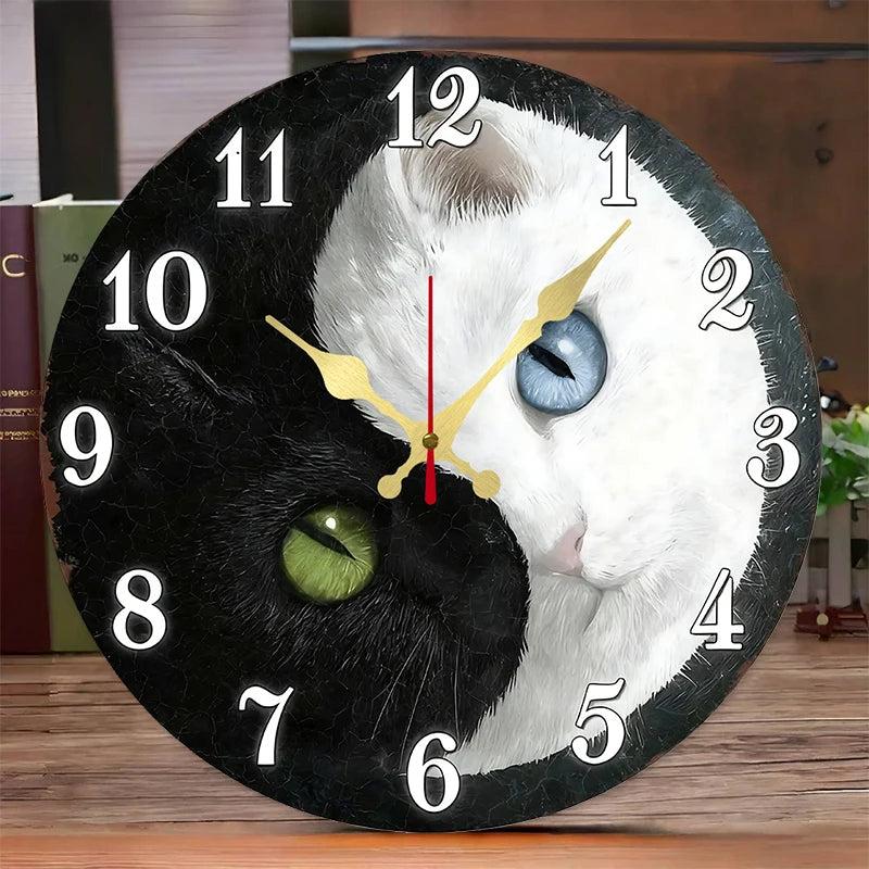 Yin-Yang Cat Wooden Wall Clock-MoonChildWorld