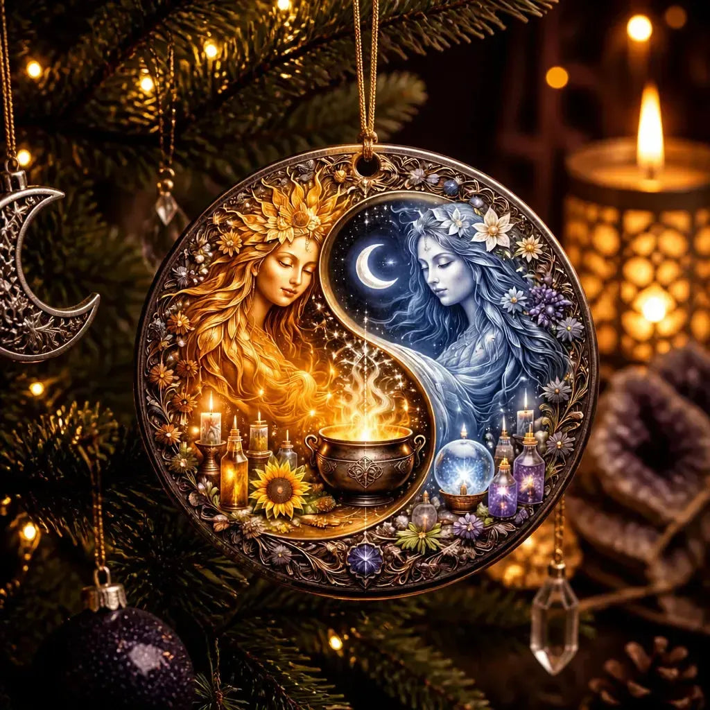 Yin-Yang Celestial Goddess Yule Ceramic Ornament – Sun and Moon Pagan Ornament_mockup_1.webp