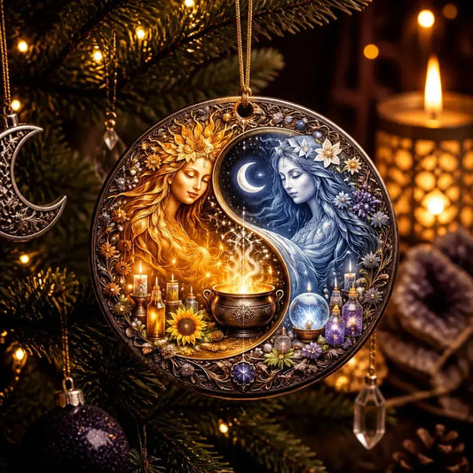 Yin-Yang Celestial Goddess Yule Ceramic Ornament – Sun and Moon Pagan Ornament_mockup_1.webp