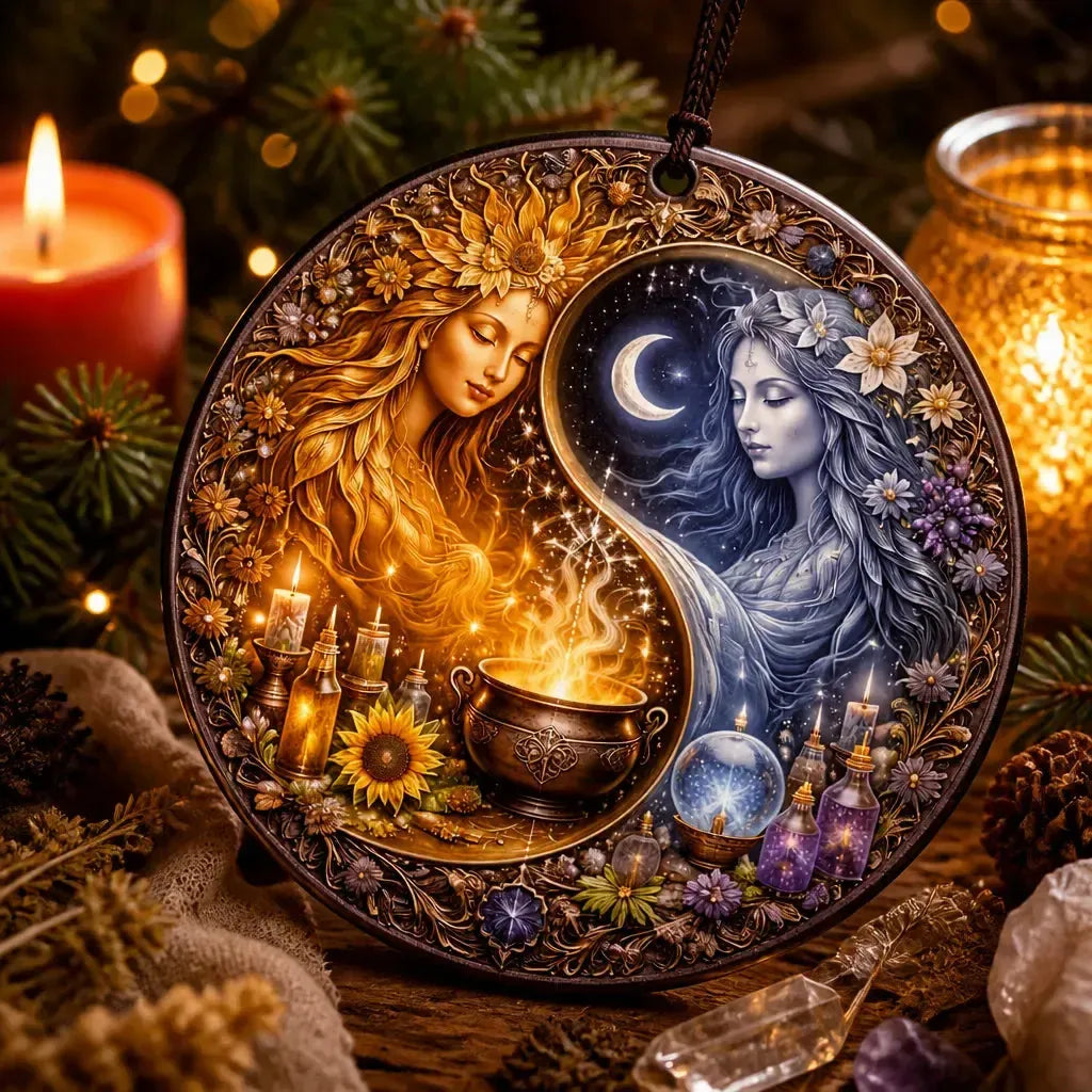 Yin-Yang Celestial Goddess Yule Ceramic Ornament – Sun and Moon Pagan Ornament_mockup_2.webp