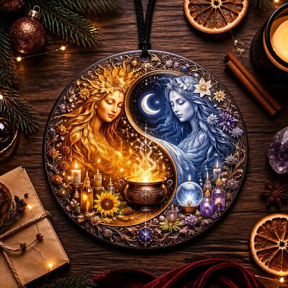 Yin-Yang Celestial Goddess Yule Ceramic Ornament – Sun and Moon Pagan Ornament_mockup_3.webp
