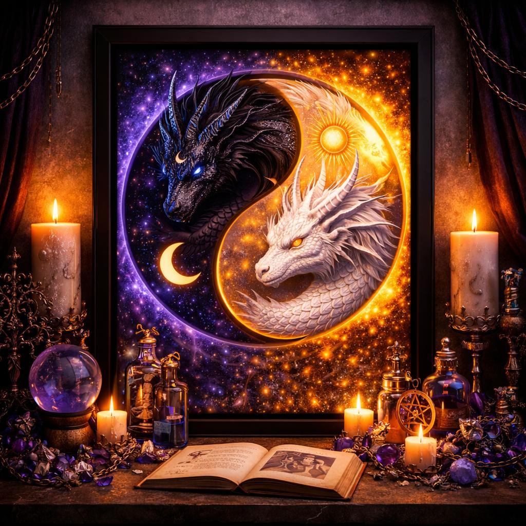 Yin-Yang Dragon Canvas Wall Art with Sun Moon - Mystical Black Framed Art Print for Pagan Altar & Sacred Space-MoonChildWorld