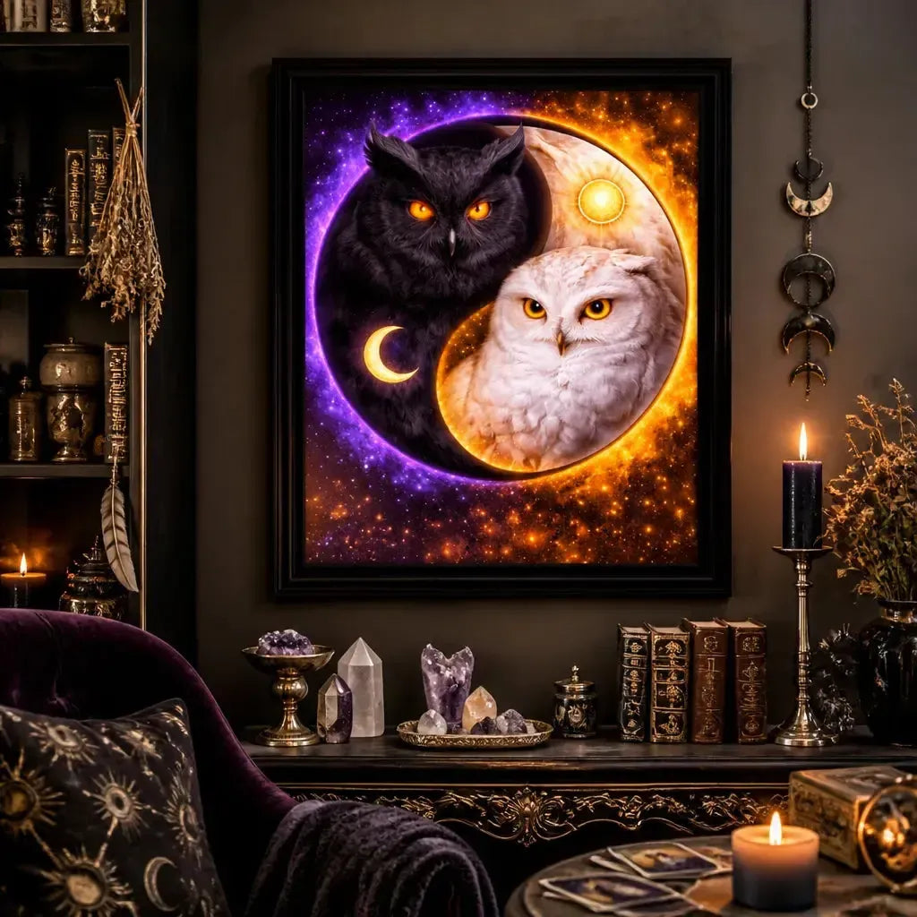 Yin-Yang Owl Canvas Wall Art with Sun Moon - Mystical Black Framed Art Print Wiccan Wall Decor_mockup_1.webp