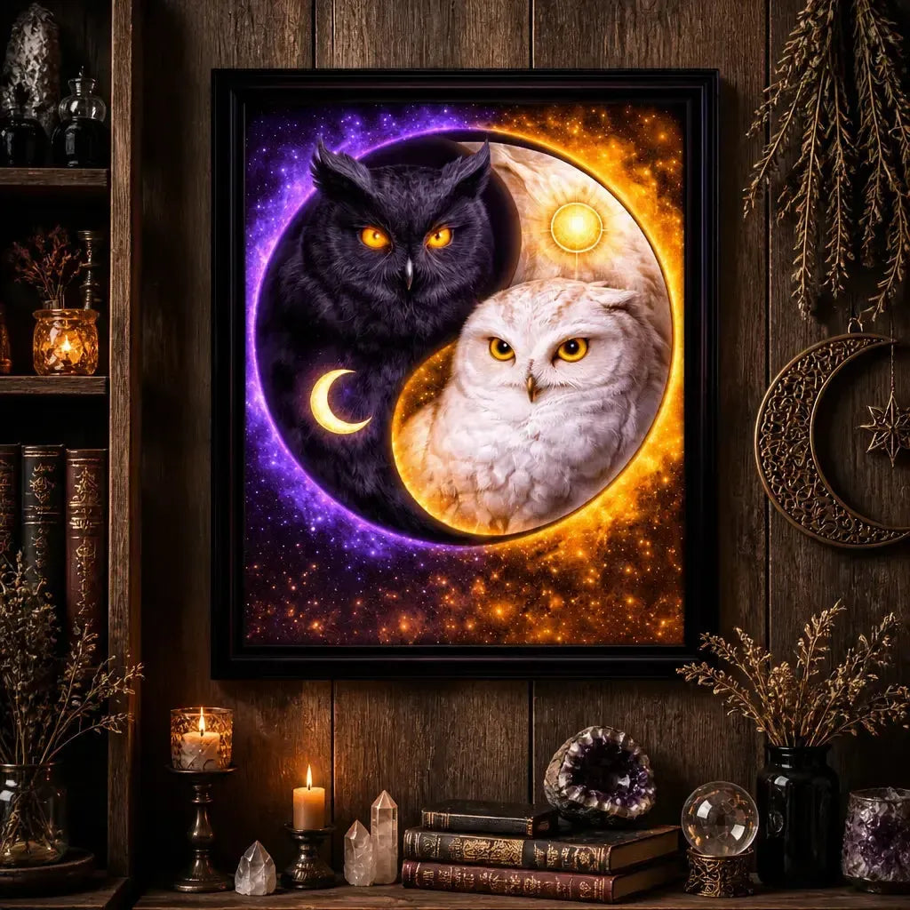 Yin-Yang Owl Canvas Wall Art with Sun Moon - Mystical Black Framed Art Print Wiccan Wall Decor_mockup_2.webp