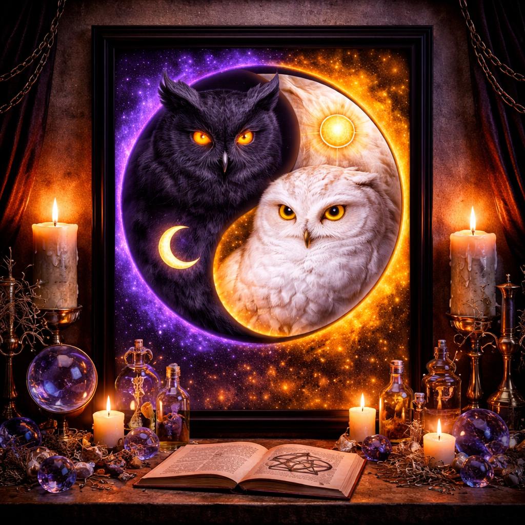 Yin-Yang Owl Canvas Wall Art with Sun Moon - Mystical Black Framed Art Print Wiccan Wall Decor-MoonChildWorld
