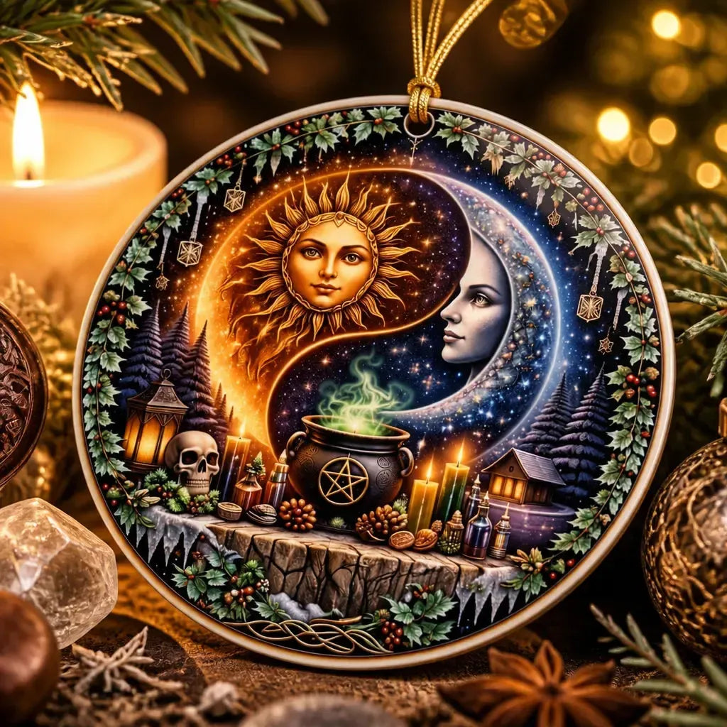 Yin-Yang Pagan Sun and Moon Yule Ceramic Ornament – Wiccan Christmas Home Decor_mockup_2.webp