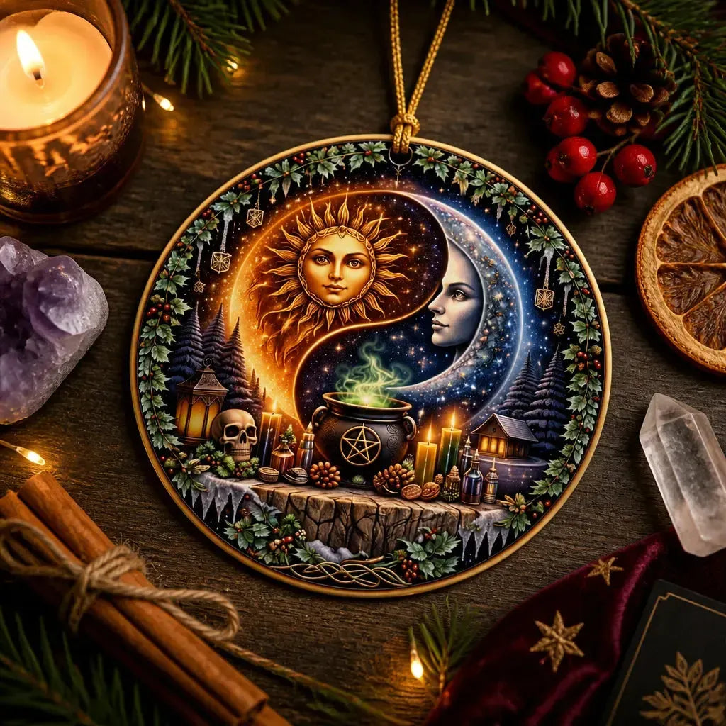 Yin-Yang Pagan Sun and Moon Yule Ceramic Ornament – Wiccan Christmas Home Decor_mockup_3.webp