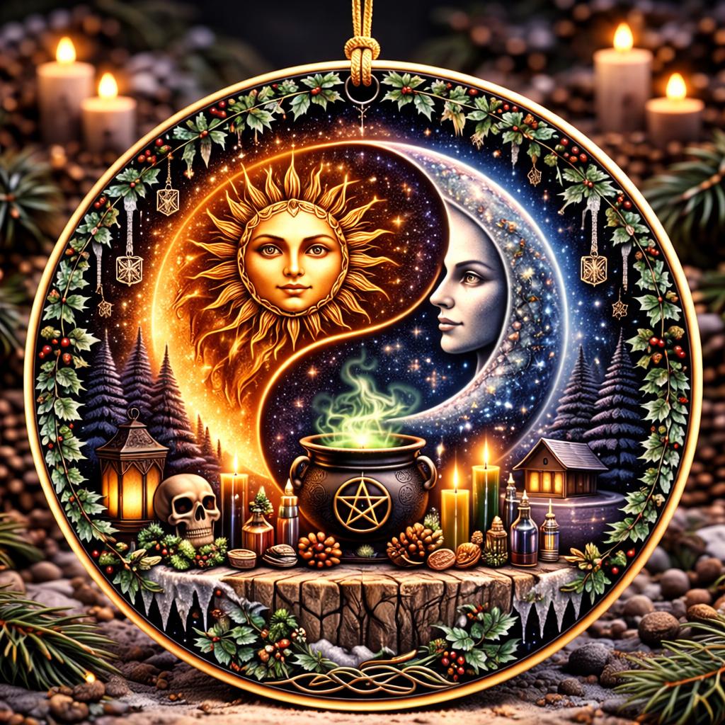 Round ceramic Yin-Yang Pagan Sun and Moon Yule ornament with a cauldron, skull, and candles.