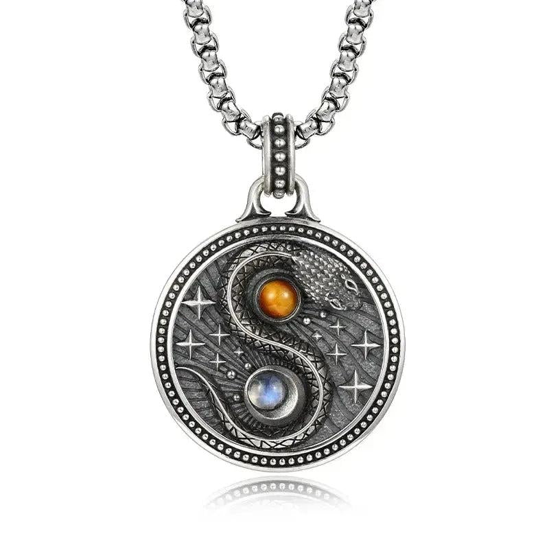 Yin Yang Snake Necklace with Tiger Eye Stone & Moonstone - Protection Amulet Wiccan Pagan Jewelry-MoonChildWorld