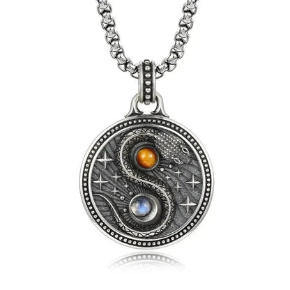 Yin Yang Snake Necklace with Tiger Eye Stone & Moonstone - Protection Amulet Wiccan Pagan Jewelry-MoonChildWorld