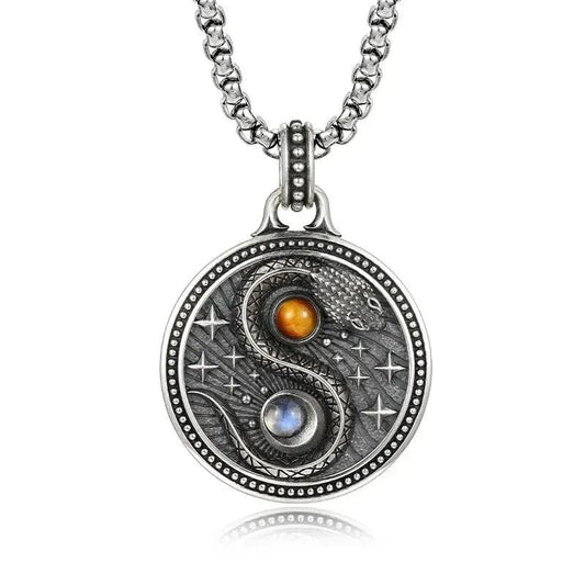 Yin Yang Snake Necklace with Tiger Eye Stone & Moonstone - Protection Amulet Wiccan Pagan Jewelry-MoonChildWorld