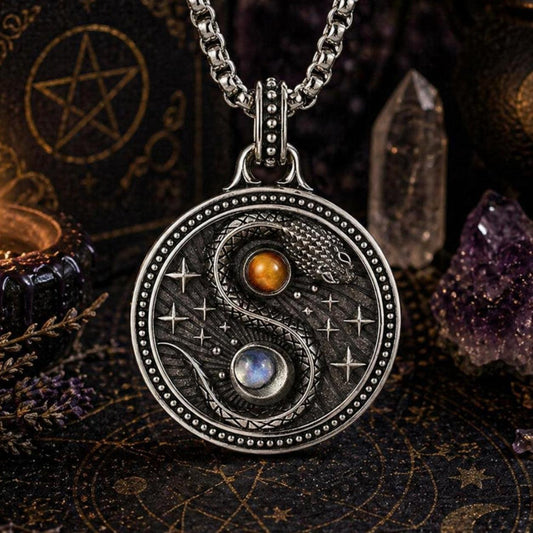 Yin Yang Snake Necklace with Tiger Eye Stone & Moonstone - Protection Amulet Wiccan Pagan Jewelry-MoonChildWorld