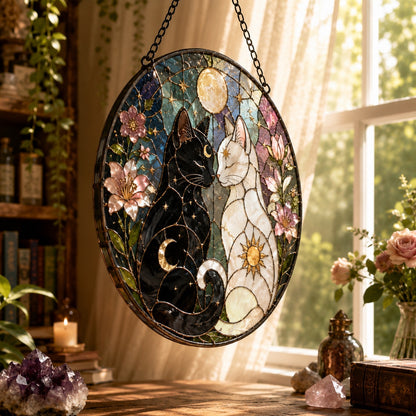 Yin Yang Sun and Moon Cats Glass Suncatcher - hanging view