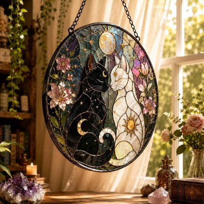 Yin Yang Sun and Moon Cats Glass Suncatcher - close up detail