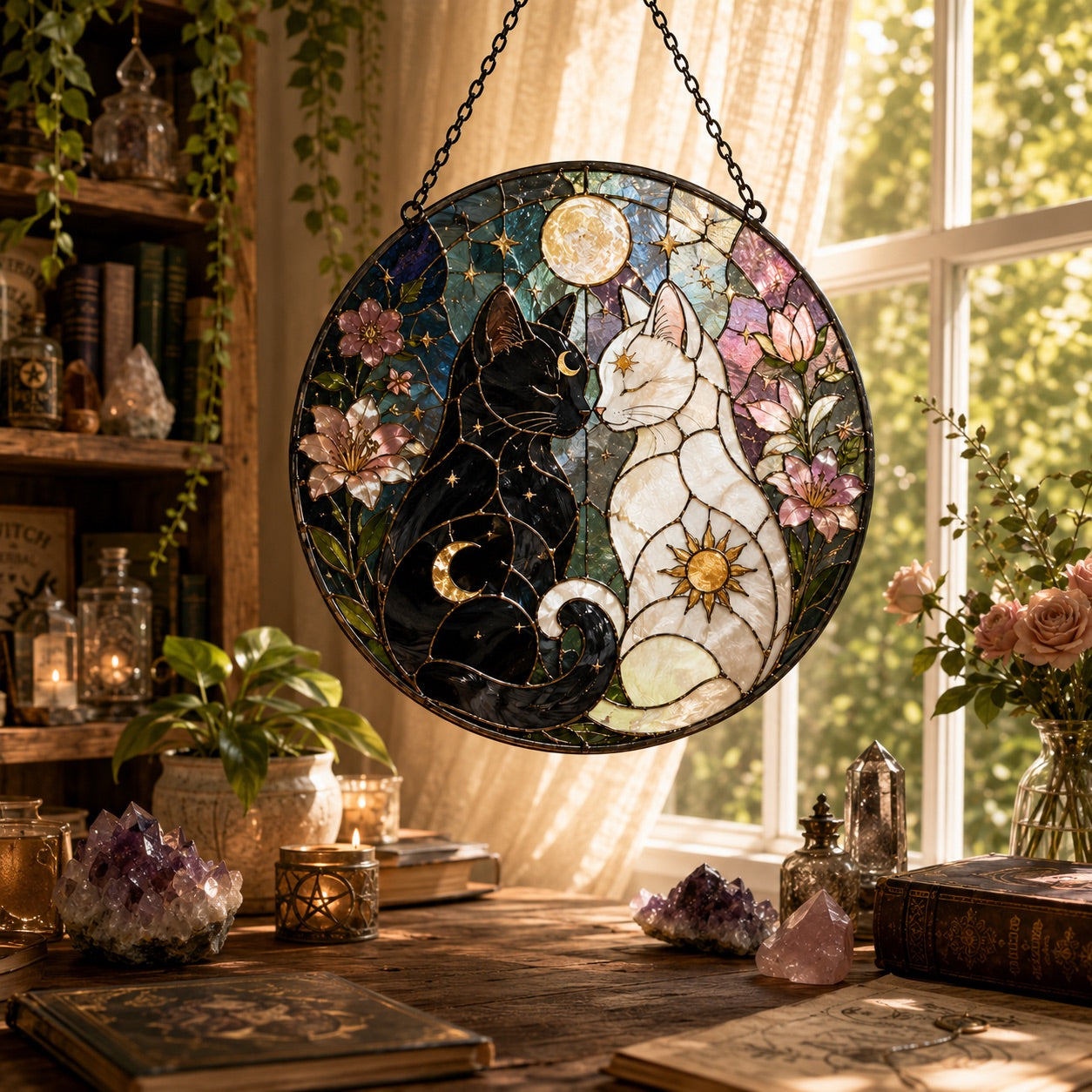 Yin Yang Sun and Moon Cats Glass Suncatcher - sunlight glow