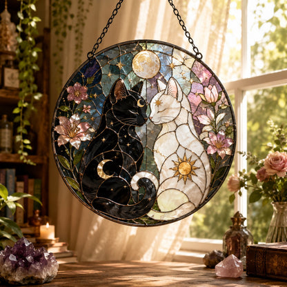 Yin Yang Sun and Moon Cats Glass Suncatcher - window display