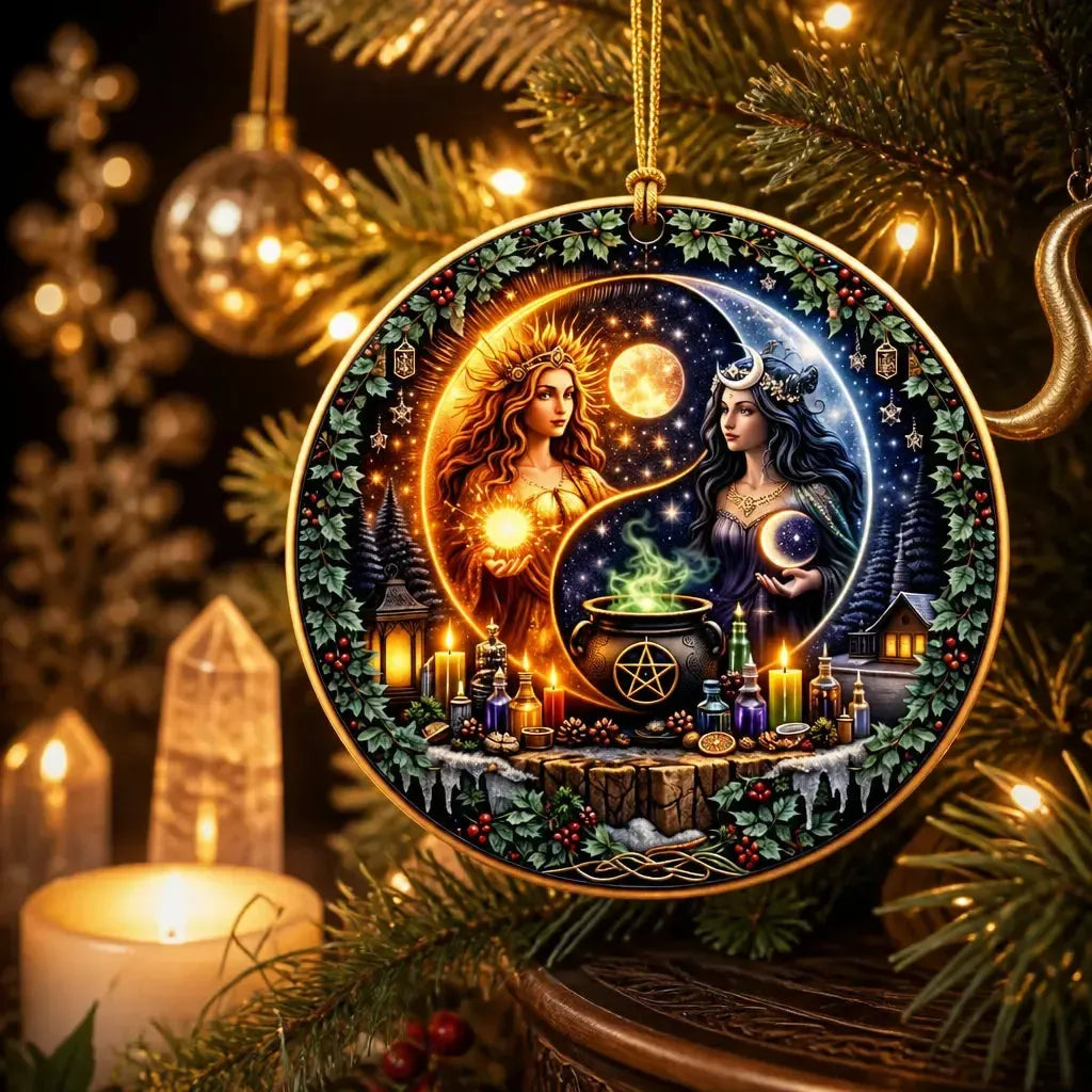 Yin-Yang Sun and Moon Goddess Wicca Yule Ceramic Ornament – Pagan Witchy Christmas Home Decor_mockup_1.webp