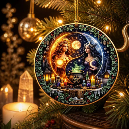 Yin-Yang Sun and Moon Goddess Wicca Yule Ceramic Ornament – Pagan Witchy Christmas Home Decor_mockup_1.webp