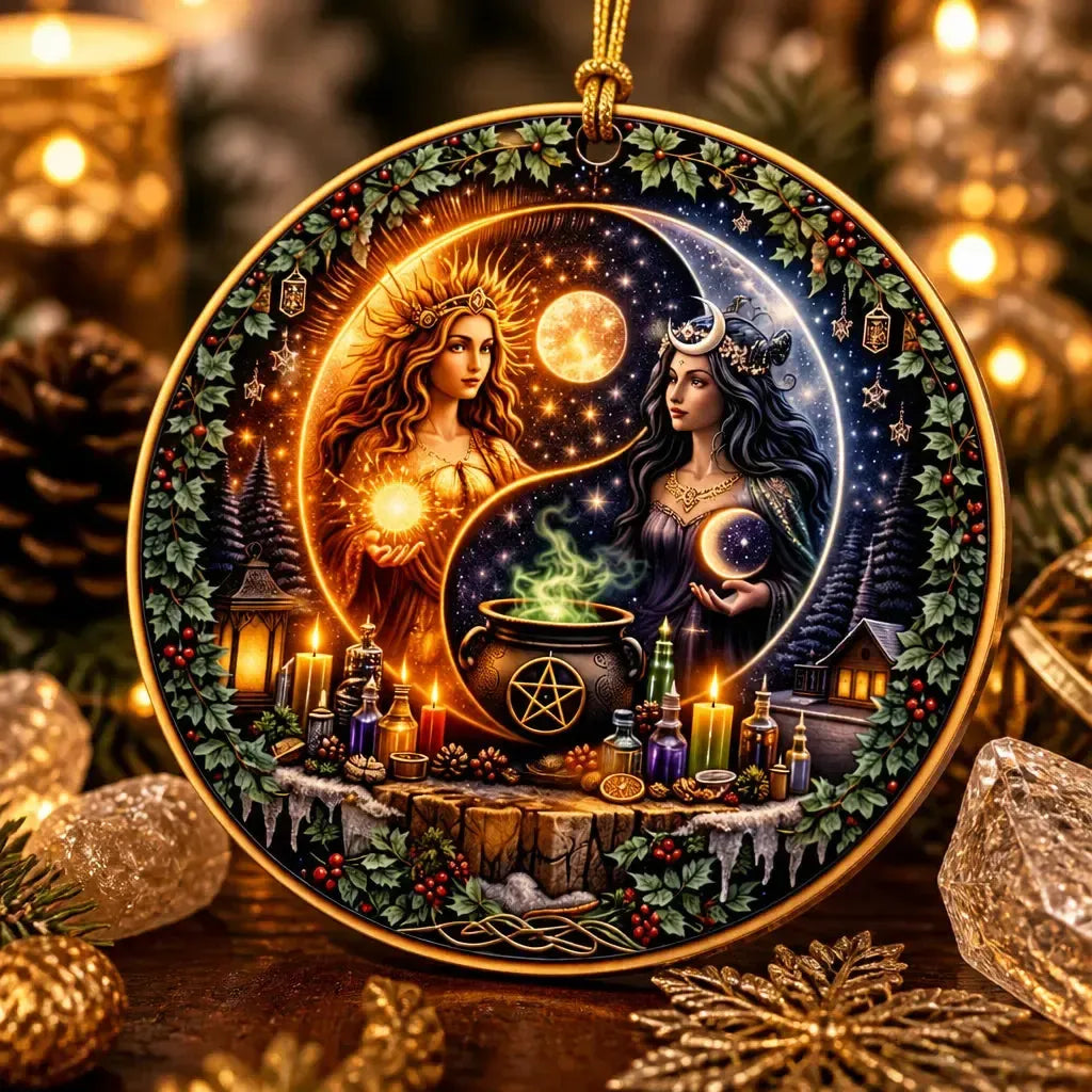 Yin-Yang Sun and Moon Goddess Wicca Yule Ceramic Ornament – Pagan Witchy Christmas Home Decor_mockup_2.webp