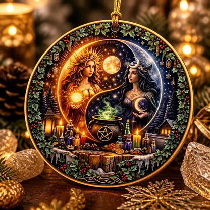 Yin-Yang Sun and Moon Goddess Wicca Yule Ceramic Ornament – Pagan Witchy Christmas Home Decor_mockup_2.webp