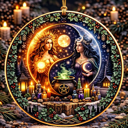 Yin-Yang Sun and Moon Goddess ceramic ornament with pagan Yule symbols and witchy decor.
