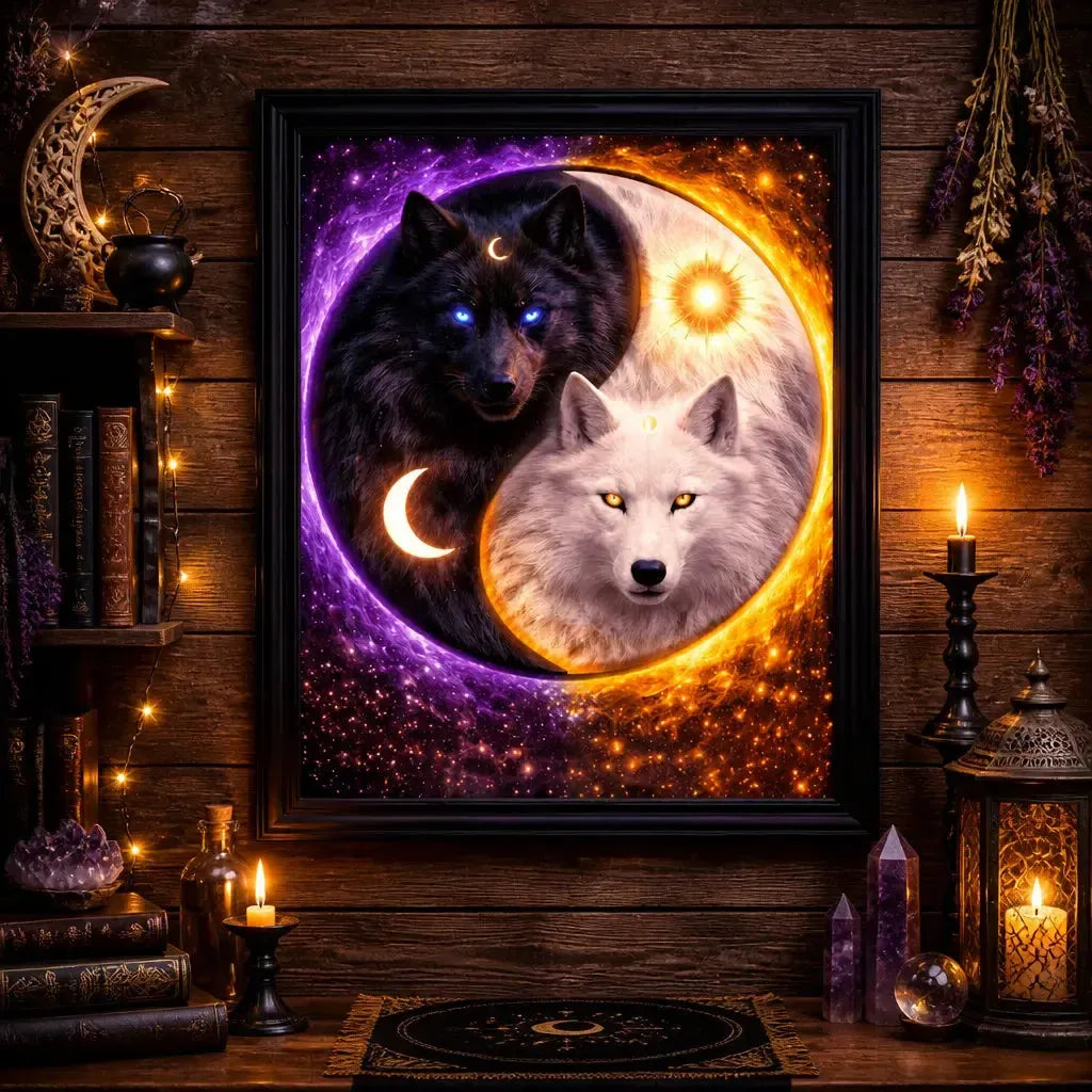 Yin-Yang Wolf Canvas Wall Art with Sun Moon - Mystical Wolves Black Framed Art Print Witchy Wall Decor_mockup_2.webp