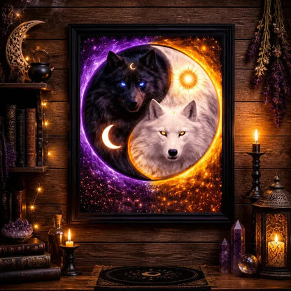 Yin-Yang Wolf Canvas Wall Art with Sun Moon - Mystical Wolves Black Framed Art Print Witchy Wall Decor_mockup_2.webp