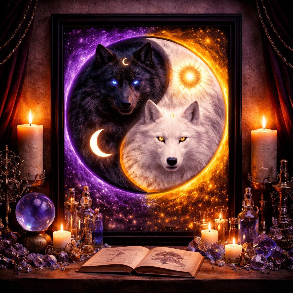 Yin-Yang Wolf Canvas Wall Art with Sun Moon - Mystical Wolves Black Framed Art Print Witchy Wall Decor-MoonChildWorld