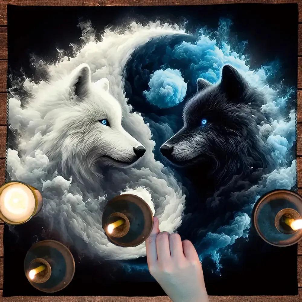 Yin-Yang Wolf Tarot Tablecloth Mysterious Wolves Altar Cloth Witchy Tarot Mat-MoonChildWorld