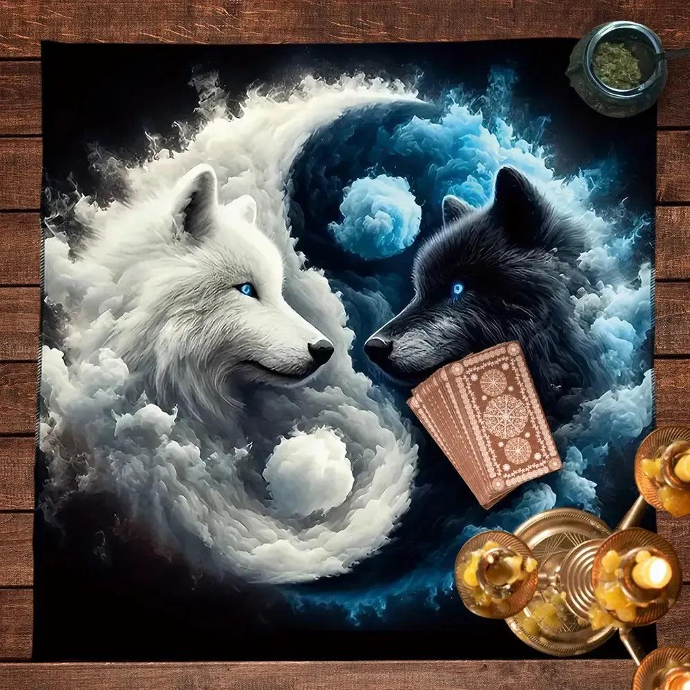 Yin-Yang Wolf Tarot Tablecloth Mysterious Wolves Altar Cloth Witchy Tarot Mat-MoonChildWorld